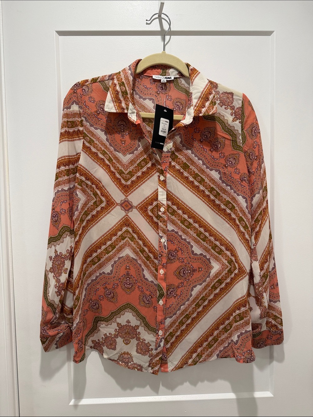Fashion Nova Coral and White Paisley Button-Down Shirt